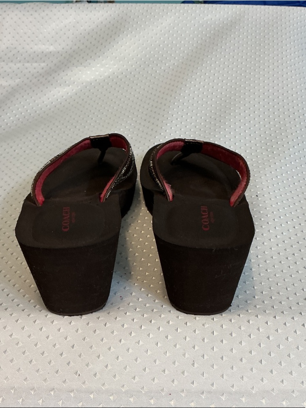 Coach Brown Metallic Signature Thong Sandals with Pink Accents - Picture 2 of 5